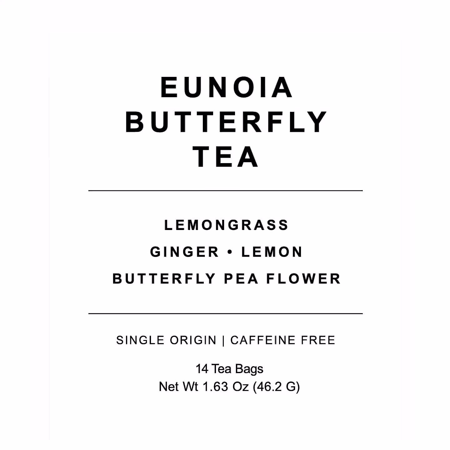 Eunoia Butterfly Tea packaging with a blue label, displayed alongside glass jars containing herbal ingredients like butterfly pea flower and lemongrass, with fresh flowers and greenery for decoration.